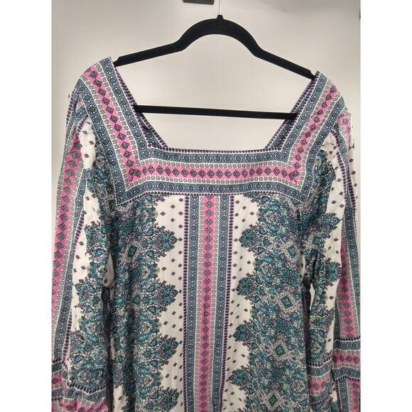 Lane Bryant Blouse Top Plus 18 Classic‎ Long Sleeve Square Neck Boho Teal Pink - Picture 6 of 12